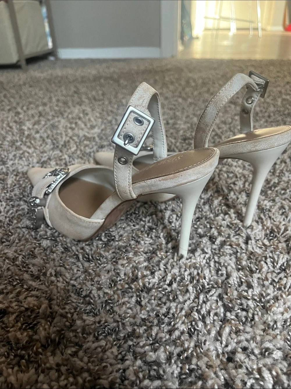 Steve Madden Delilah Cream Pointed Toe Slingback Heels with Silver Buckle